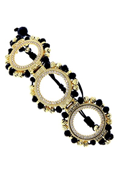 ŞENALTIN Üç Çerçeveli Üçlü Sarı Dorika Siyah Kristalli Makrome Bileklik