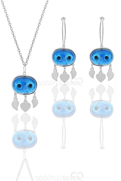 Söğütlü Silver Gümüş Süryani Nazar Boncuğu Kolye Ve Küpe Ikili Set Sgtl11657r...