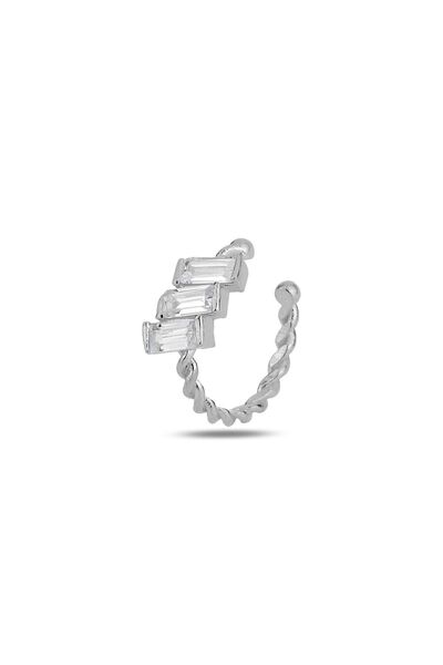 Söğütlü Silver Gümüş Rodyumlu Baget Kesim Zirkon 3 Taşlı Sıkıştırmalı Kıkırdak Küpe Ear Cuff Sgtl11962rodaj
