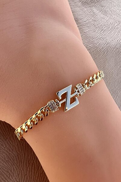Söğütlü Silver Gümüş altın yaldızlı zirkon taşlı üç boyutlu gurmet zincirli Z harf bileklik SGTL12300GOLD-Z