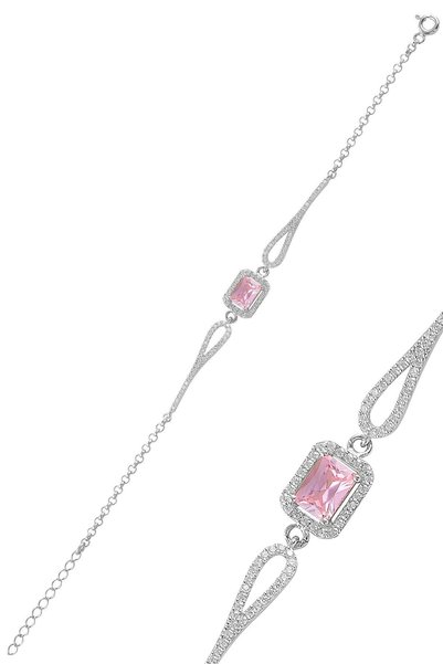 Söğütlü Silver Gümüş Rodyumlu Pırlanta Modeli Pembe Zirkon Taşlı Baget Bilekl...