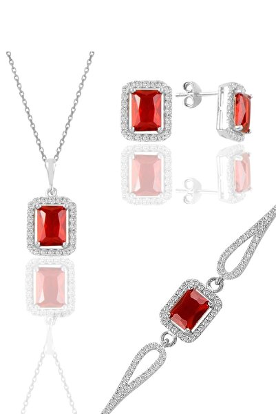 Söğütlü Silver Gümüş Rodyumlu Kırmızı Taşlı Baget Kesim Üçlü Set Sgtl11598kır...