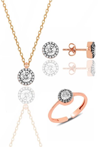 Söğütlü Silver Gümüş Rose Zirkon Taşlı Elmas Montürlü Üçlü Set Sgtl11173rose