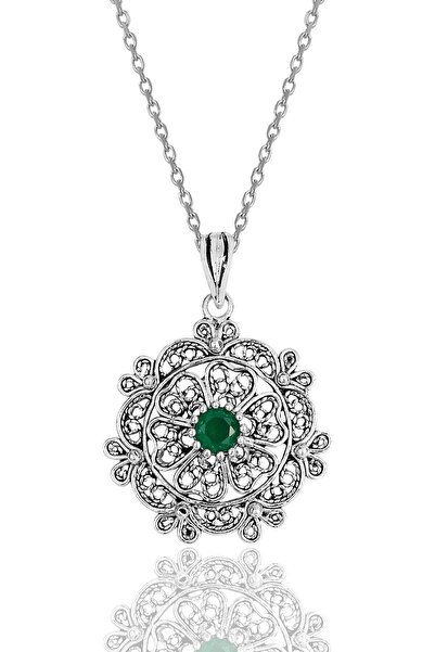 Söğütlü Silver Gümüş Kök Zümrüt Taşlı Oksitli Telkari Işlemeli Kolye