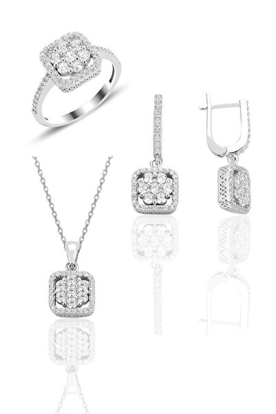 Söğütlü Silver Gümüş rodyumlu zirkon taşlı pırlanta montür tasarım kare üçlü set