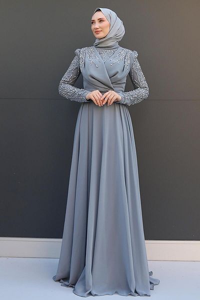 GİZ AGİYİM Gray Hijab Chiffon Evening Dress - Vela