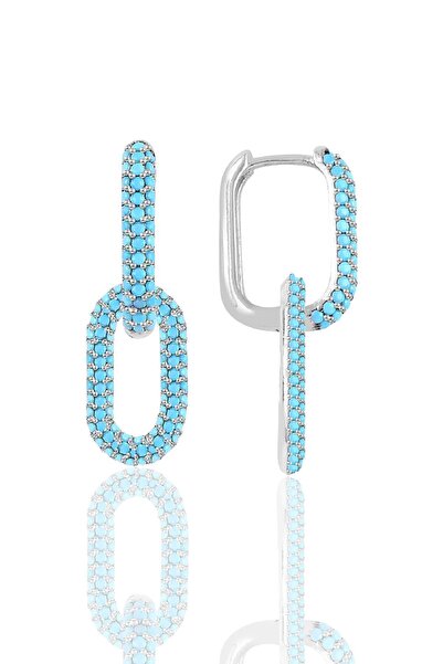Söğütlü Silver Gümüş rodyumlu turkuaz taşlı sallantılı trend küpe SGTL12301MAVI