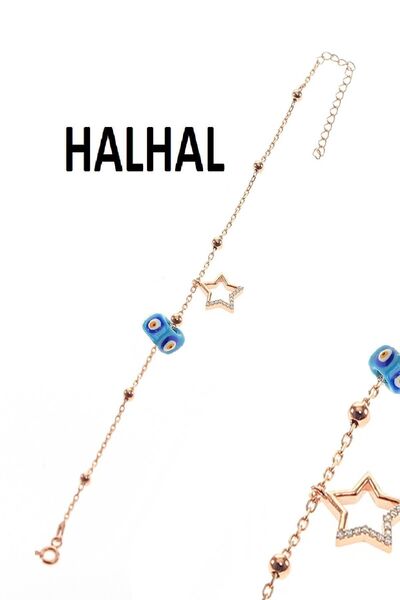 Söğütlü Silver Gümüş Yıldız Ve Toplu Mineli Turkuaz Taşlı Zincir Halhal