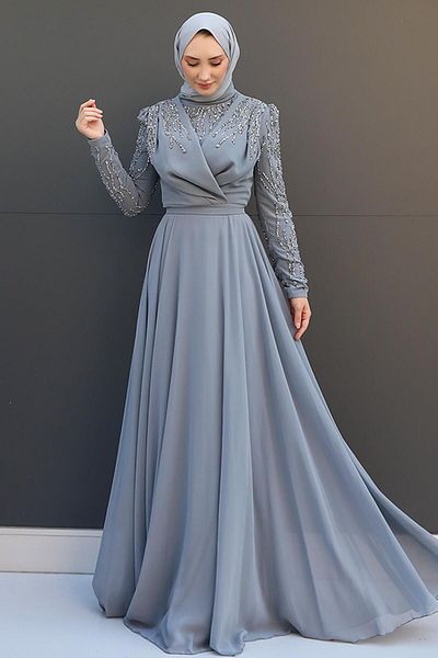 GİZ AGİYİM Gray Hijab Chiffon Evening Dress - Vela