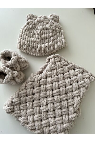 babyist Puffy El Örgüsü Yelek Patik Şapka Takım