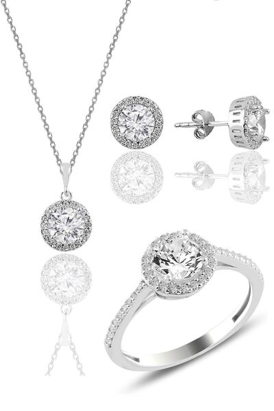 Söğütlü Silver Gümüş Rodyumlu Zirkon Taşlı Yuvarlak Üçlü Set Sgtl10763
