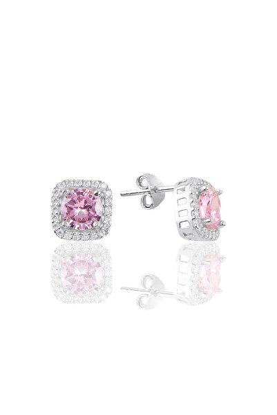 Söğütlü Silver Gümüş Rodyumlu Pembe Taşlı Pırlanta Montürlü Küpe Sgtl10729pembe