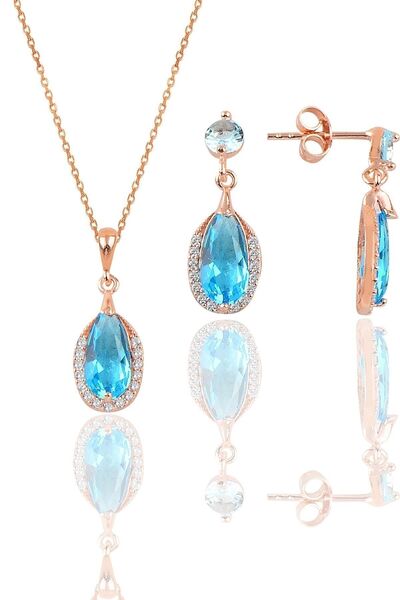 Söğütlü Silver Gümüş Rose Akuamarin Taşlı Damla Modeli Kolye Ve Küpe Ikili Se...