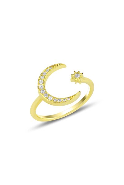 Söğütlü Silver Gümüş Altın Yaldızlı Ayarlamalı Ay Yıldız Yüzük Sgtl11683gold