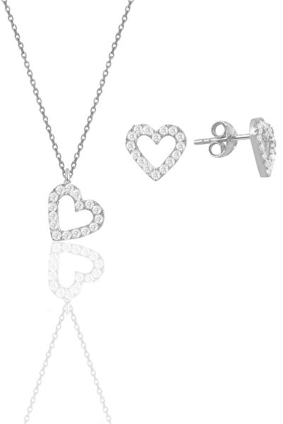 Söğütlü Silver Gümüş Rodyumlu Zirkon Taşlı Kalp Kolye Ve Küpe Ikili Set Sgtl1...