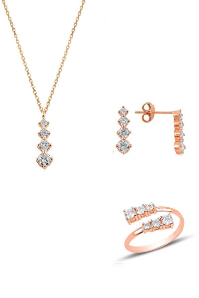 Söğütlü Silver Gümüş Rose Zirkon Taşlı Pırlanta Modeli Pırıltı Üçlü Set Sgtl1...