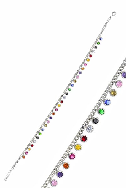 Söğütlü Silver Gümüş Rodyumlu Renkli Taşlı  Gurmet Zincirli Halhal