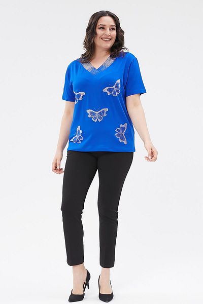 Ebsumu Plus Size Blue Blouse - Butterfly Stone Printed
