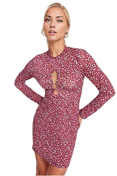 Cassime Kadın Mürdüm Çiçek Desenli Göğüs Detaylı Örme Mini Elbise