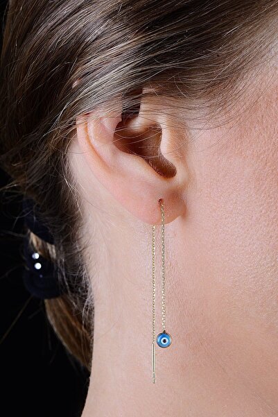 Söğütlü Silver Gümüş Altın Yaldızlı, Cam Göz Nazar Gümüş Zincir Küpe Sgtl10608gold