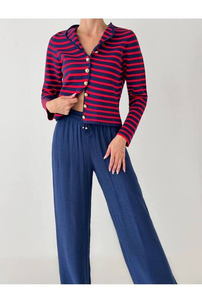 My Blog Marineblau-rote, kragenlose, gestreifte, gemusterte Strickjacke mit Goldknöpfen-4366