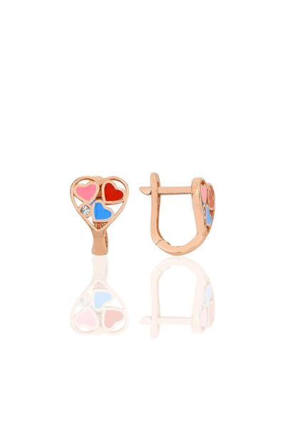 Söğütlü Silver Gümüş rose zirkon taşlı renkli kalpler çocuk küpesi SGTL12365ROSE