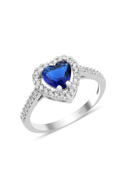 Söğütlü Silver Gümüş rodyumlu safir taşlı pırlanta montürlü Kalp modeli yüzük...