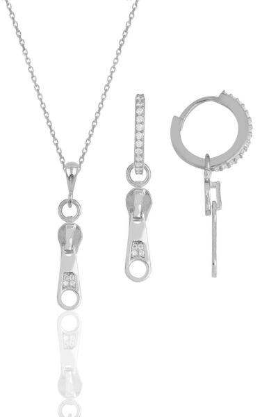 Söğütlü Silver Gümüş Rodyumlu Zirkon Taşlı Fermuar Kolye Ve Küpe Ikili Set Sg...