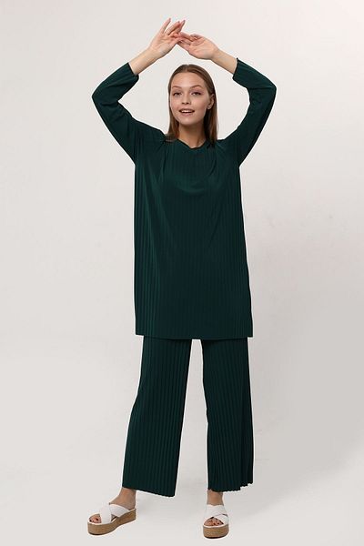 ilmek Γυναικείο σμαραγδί πράσινο παντελόνι Hijab τουνίκ πλισέ άμμο διπλό κοστούμι 5219