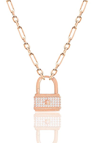 Söğütlü Silver Gümüş Altın Rose Zirkon Taşlı Figaro Zincirli Kilit Kolye Sgtl...