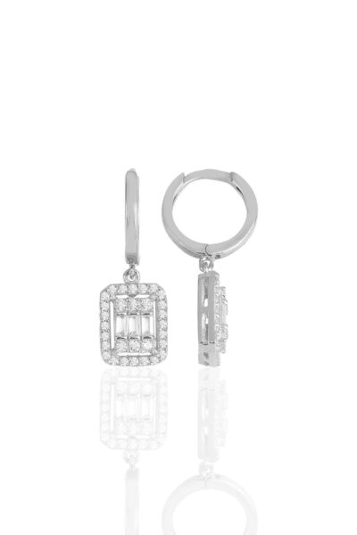 Söğütlü Silver Gümüş Rodyumlu Pırlanta Montür Çizgili Baget Taşlı Sallantılı Küpe Sgtl11498rodaj