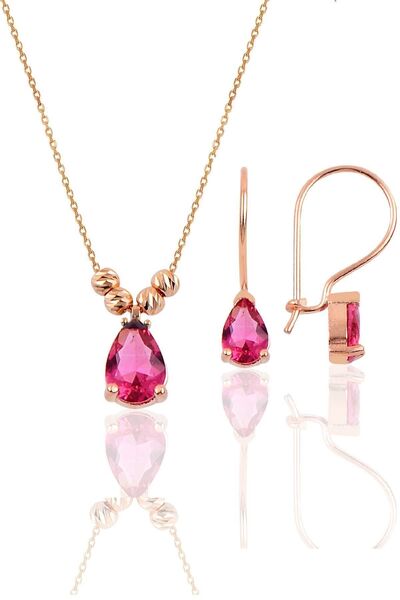 Söğütlü Silver Gümüş Rose Yakut Renkli Dorica Damla Kolye Ve Çengelli Küpe Seti Sgtl11417kırmızı