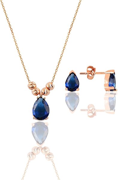 Söğütlü Silver Gümüş Rose Safir Renkli Dorica Damla Kolye Ve Çivi Modeli Küpe Seti Sgtl11416lacıvert