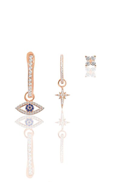 Söğütlü Silver Gümüş Rose Zirkon Taşlı Kombin Üçlü Küpe Seti Sgtl11648rose