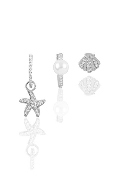 Söğütlü Silver Gümüş Rodyumlu Zirkon Taşlı Deniz Kombin Üçlü Küpe Seti Sgtl11388rodaj