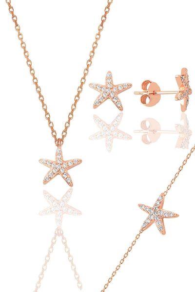 Söğütlü Silver Gümüş Rose Zirkon Taşlı Deniz Yıldızı Üçlü Set