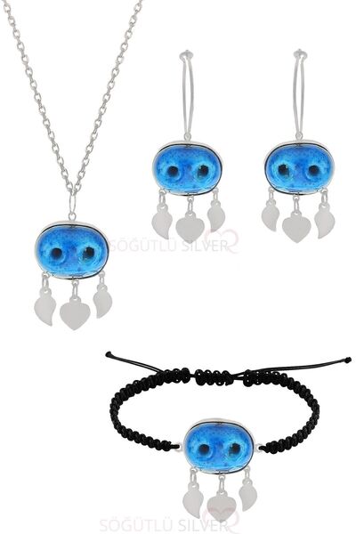 Söğütlü Silver Gümüş Süryani Nazar Boncuğu Kolye Küpe Ve Bileklik Üçlü Set Sg...