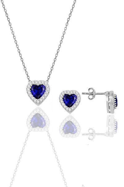 Söğütlü Silver Gümüş rodyumlu safir taşlı pırlanta modeli kalp kolye ve küpe ...