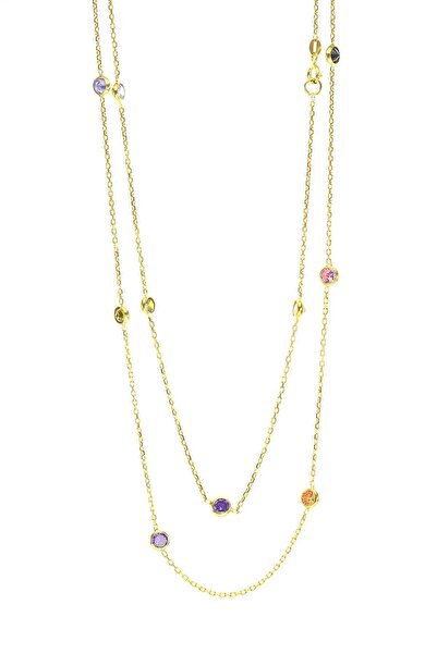 Söğütlü Silver Kadın Gümüş Altın Renkli Sıra Taşlı Kolye SGTL8537