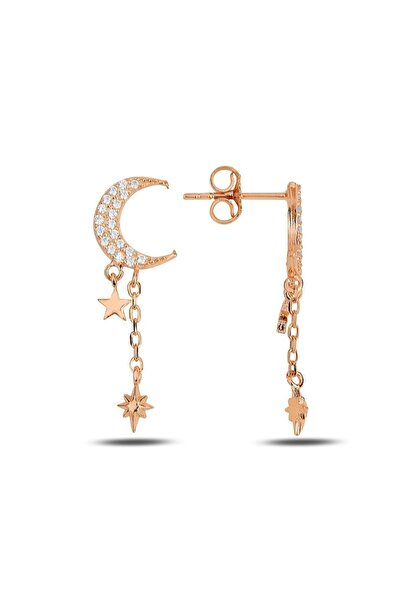 Söğütlü Silver Gümüş Rose Zirkon Taşlı Ay Yıldız Küpe Sgtl11914rose