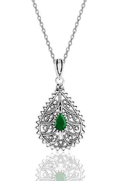 Söğütlü Silver Gümüş Kök Zümrüt Taşlı Oksitli Telkari Işlemeli Kolye