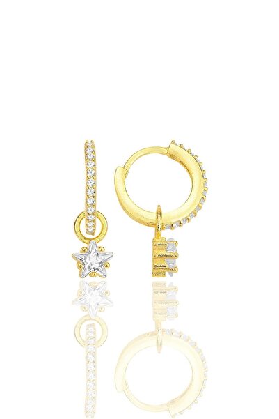 Söğütlü Silver Gümüş altın yaldızlı yıldız kesim zirkon taşlı halka küpe SGTL12251GOLD