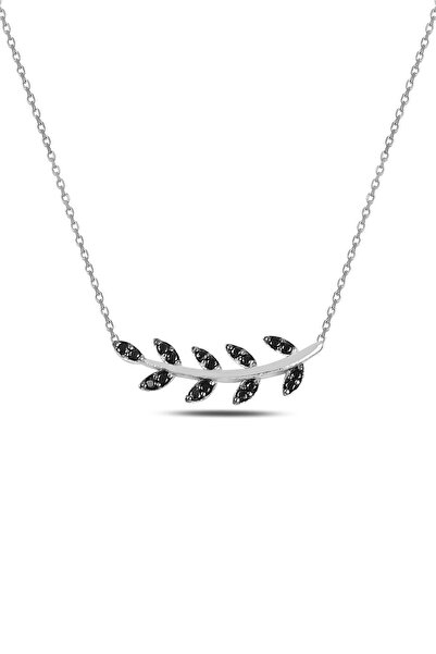 Söğütlü Silver Gümüş Rodyumlu Siyah Taşlı Yaprak Kolye Sgtl10294syh