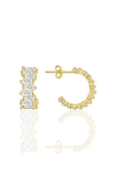 Söğütlü Silver Gümüş Altın Yaldızlı Baget Taşlı Halka Küpe Sgtl11597gold