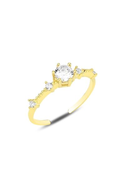 Söğütlü Silver Gümüş Altın Yaldızlı Zirkon Taşlı Tek Taş Modeli Ayarlamalı Yü...