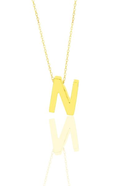 Söğütlü Silver Gümüş Altın Yaldızlı Üç Boyutlu Minimal N Harf Kolye Sgtl11180n