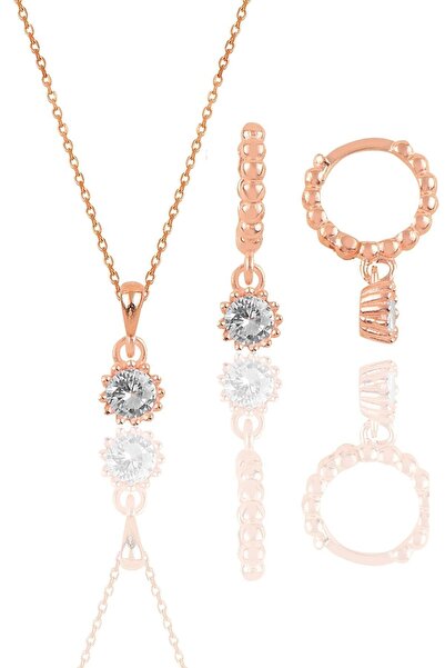 Söğütlü Silver Gümüş Rose Zirkon Taşlı Kolye Ve Küpe Ikili Set Sgtl12068rose