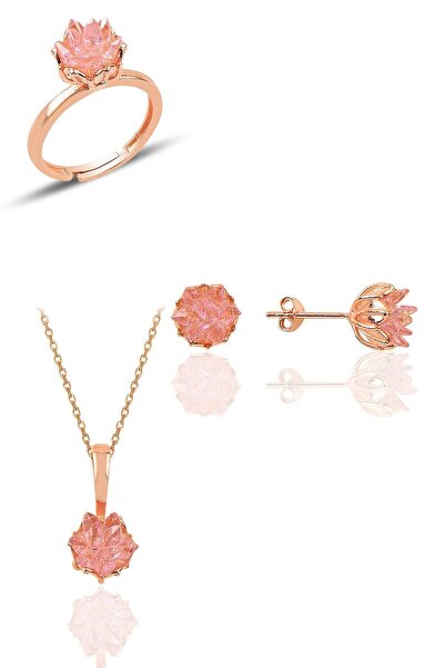 Söğütlü Silver Gümüş Lotus Çiçeği Modeli Pembe Renkli Taşlı Üçlü Set Sgtl1021...