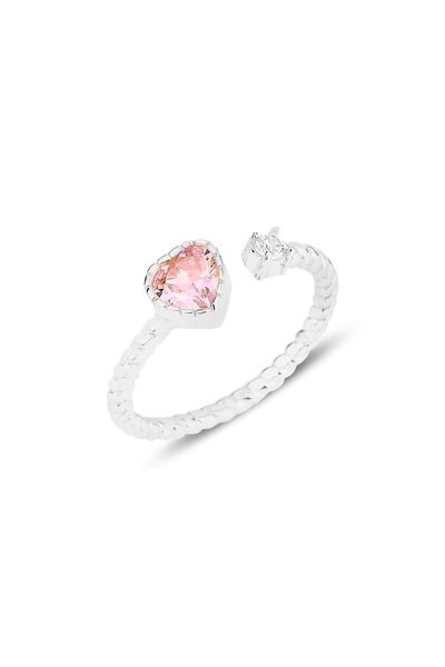 Söğütlü Silver Gümüş Rodyumlu Pembe Taşlı Kalp Modeli Ayarlamalı Yüzük Sgtl12...