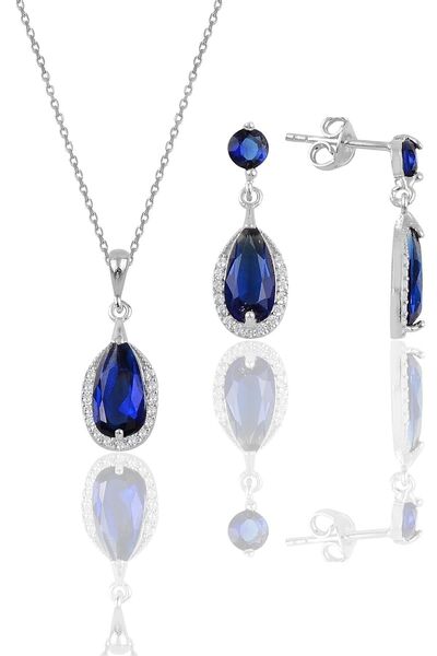 Söğütlü Silver Gümüş Rodyumlu Safir Taşlı Damla Modeli Kolye Ve Küpe Ikili Se...